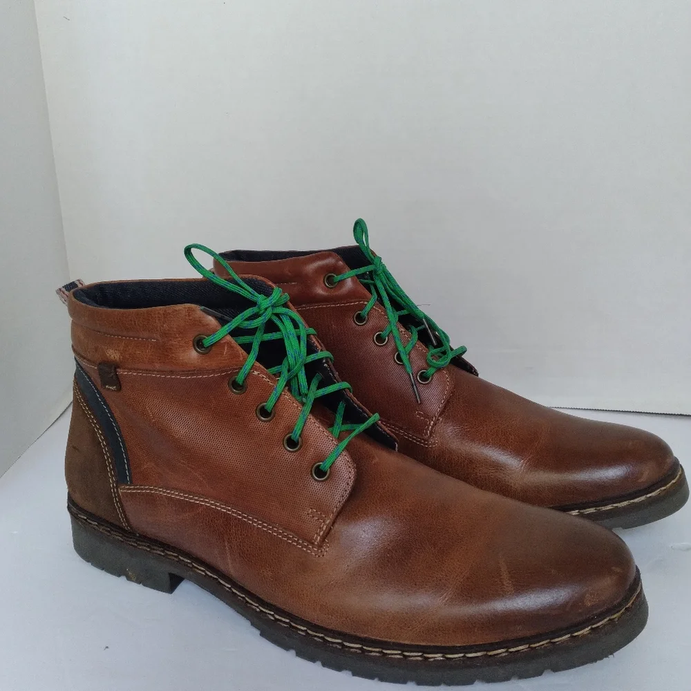 Mens‎ Brown Leather Lace Up Ankle Boots with Green Laces and Suede Heel Trim